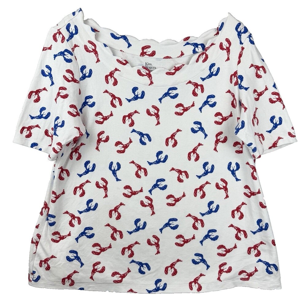 Kim Rogers Patriotic Lobster Print T-Shirt Petite M Scallop Neck Perfectly Soft